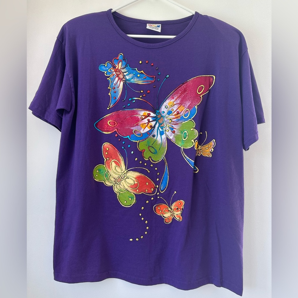 Vintage Focus Purple Cotton Blend Embellished Butterflies Long T-Shirt One Size